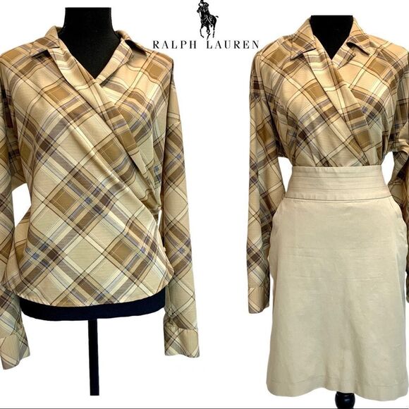 LAUREN Ralph Lauren tan brown plaid check wrap blouse Sz S - Picture 1 of 12